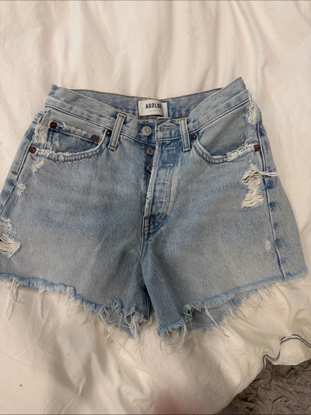 Agolde Light Blue Distressed High-Rise Jean Shorts